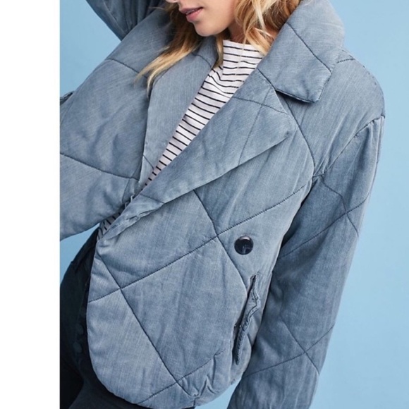 Anthropologie Jacket Brodie Quilted Puffer Chambray Cropped Casual Boho Blue M - Picture 12 of 12
